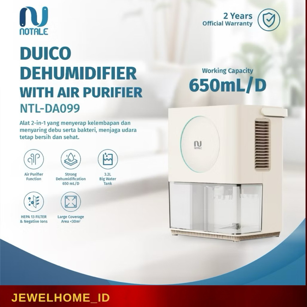 Notale Duico Dehumidifier with Air Purifier - Pembersih dan Penyerap Lembab Ruangan, Putih, 30 m²