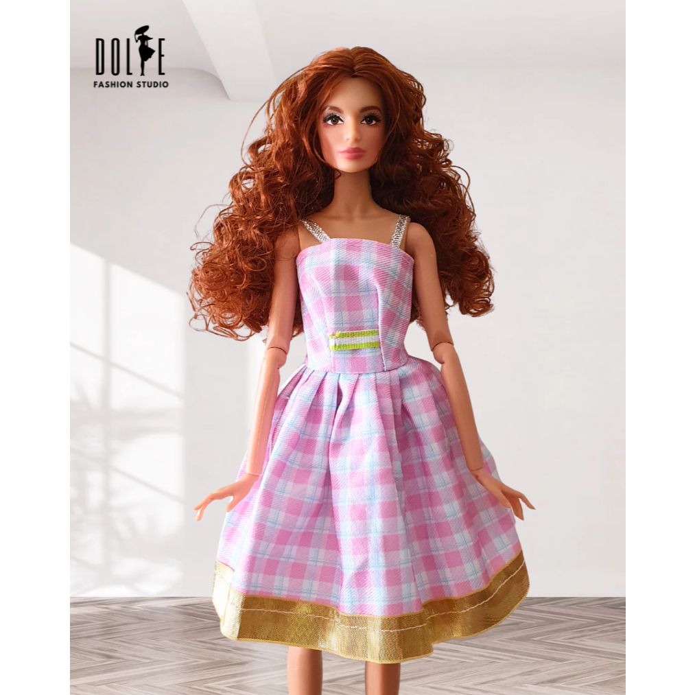 Dress Motif Dengan List Gold Untuk Boneka Xian Xian Supermodel