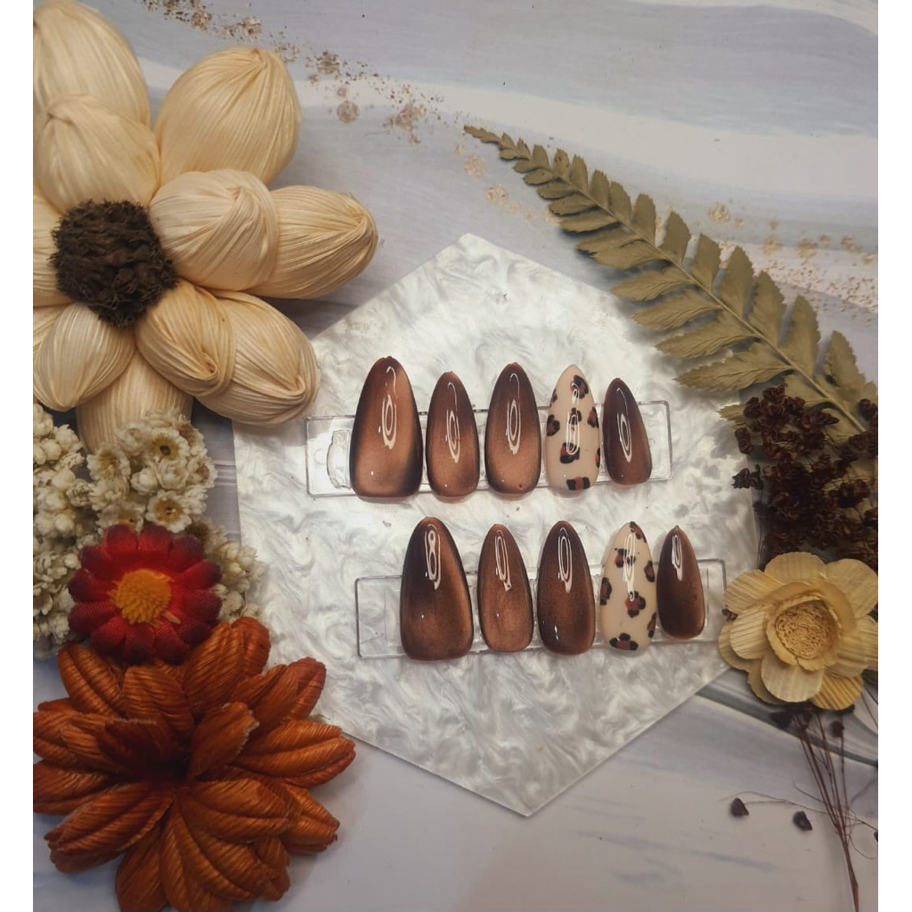 Kuku Palsu Cat Eye Mahogany Leopard Nail Art Premium Handmade Press on Nail Desain Elegan