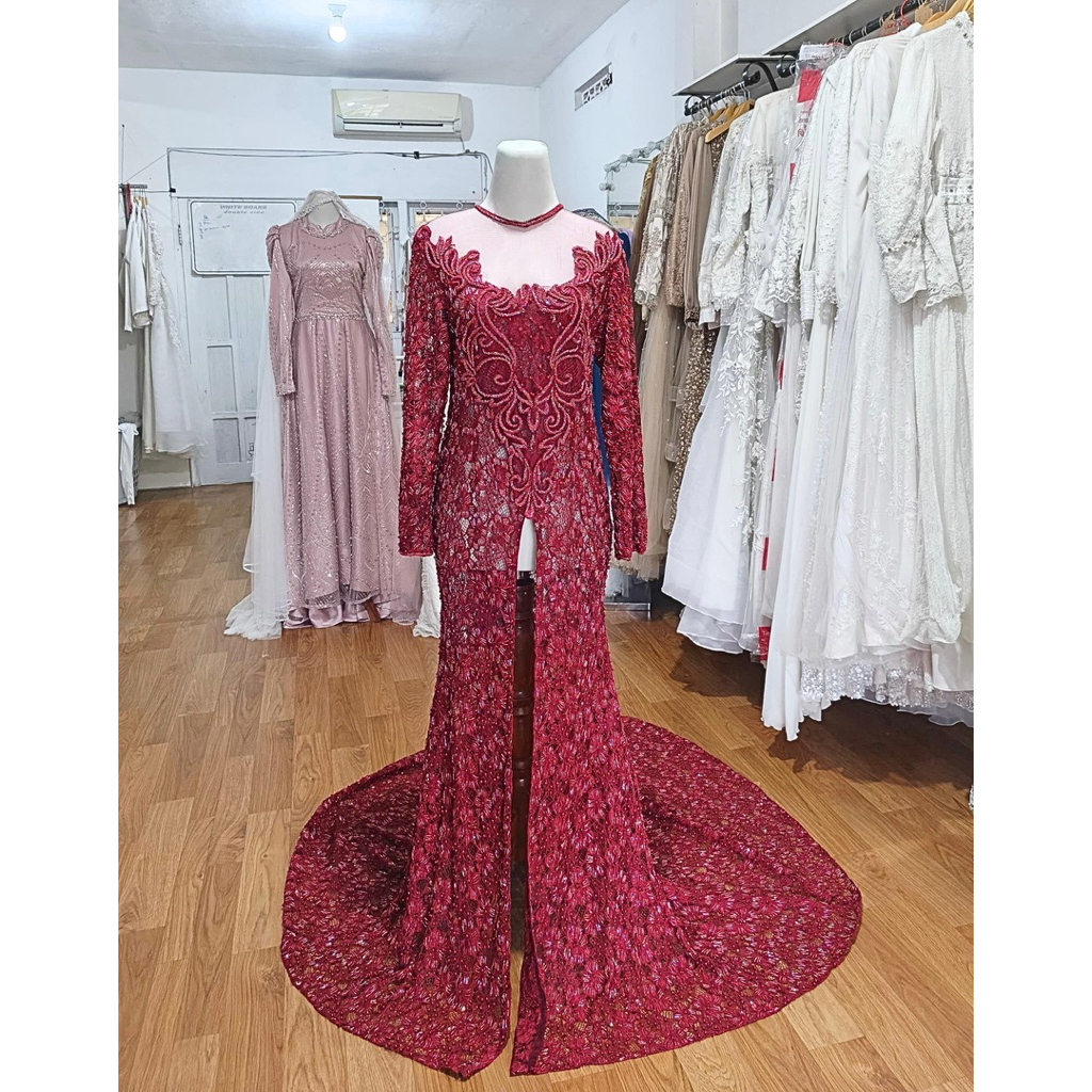 GAUN PENGANTIN NIKAH MEWAH KEBAYA MODERN KAYLA MAROON GAUN PERNIKAHAN FULL PAYET