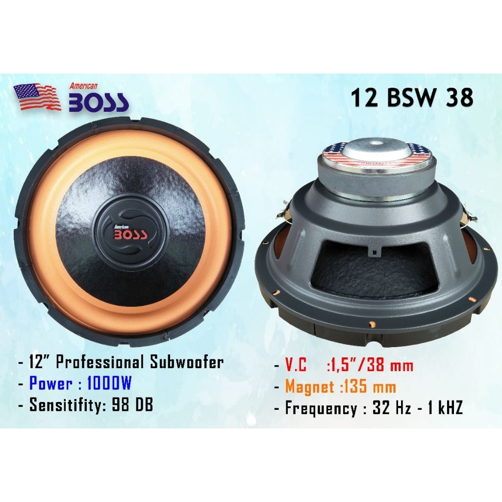 SPEAKER SUBWOOFER AMERICAN BOSS 12 BSW 38 12inchi 12BSW38 1000watt voice coil 1,5 inch impedance 4oh