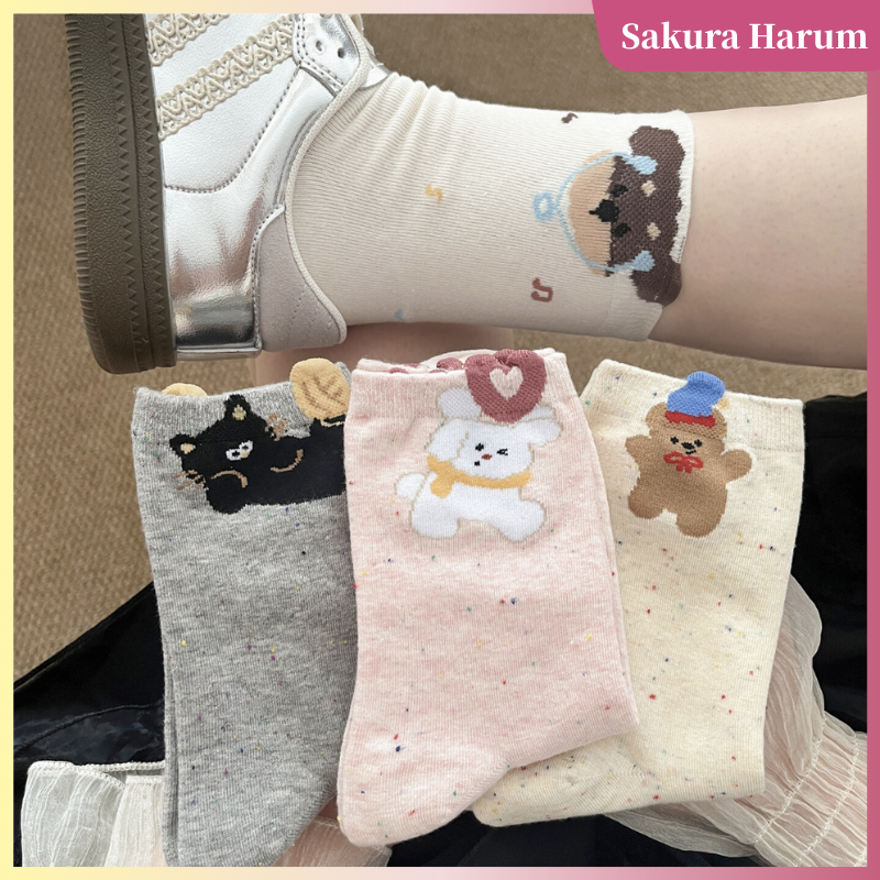 Kaus Kaki Katun Anjing Kartun Gaya Korea / Kaus Kaki Lucu / Kaus Kaki Mid Wanita Katun Penyerap Keri