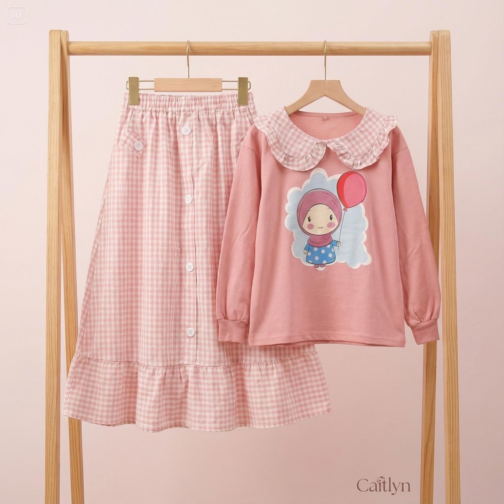 Setelan Anak Perempuan April  Muslim 3–10 Tahun | Baju Anak Perempuan Lengan Panjang Rok Kotak