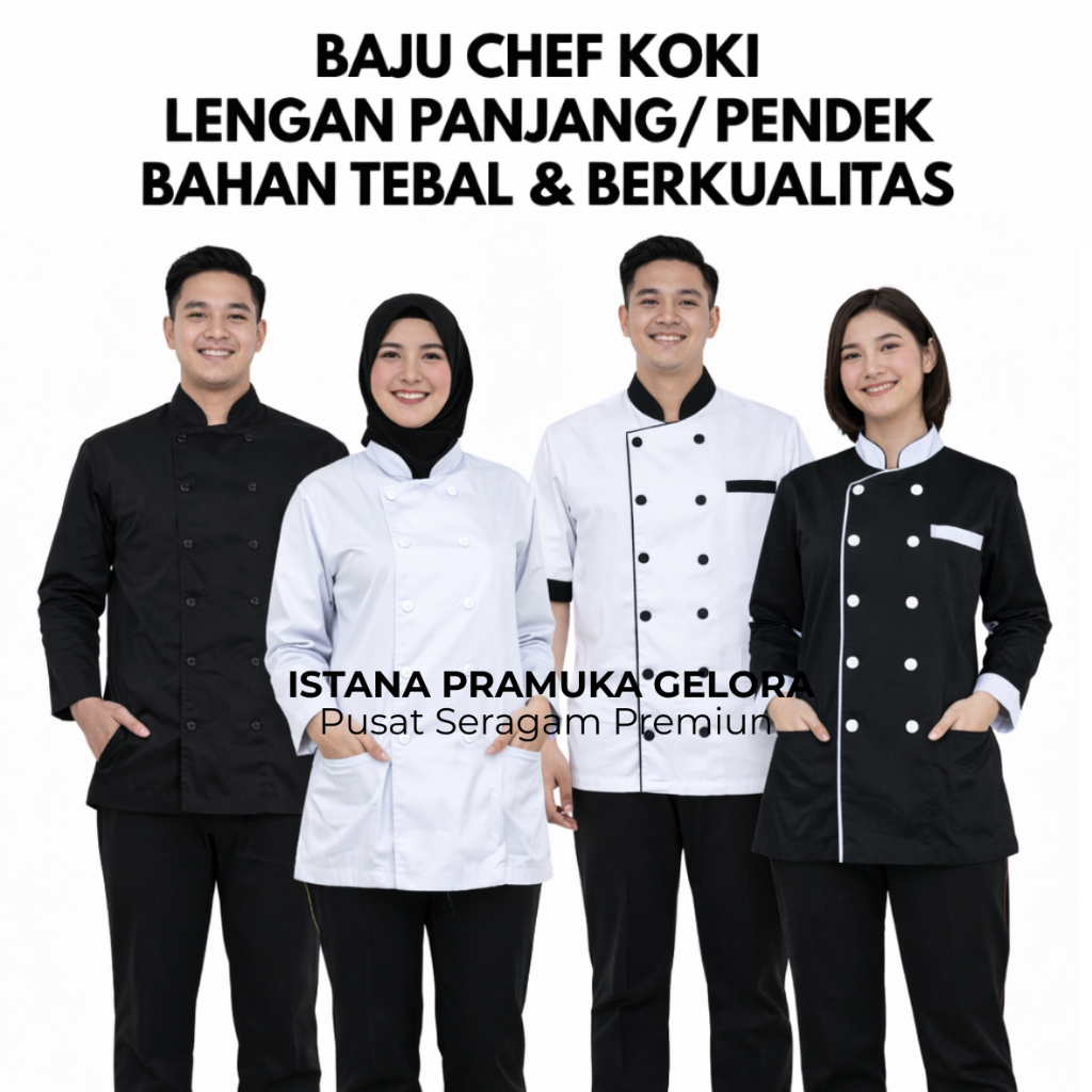 (PREMIUM) Seragam Koki Baju Chef Kemeja Lengan Panjan Koki Pria Wanita Seragam Masak Bahan Drill - I