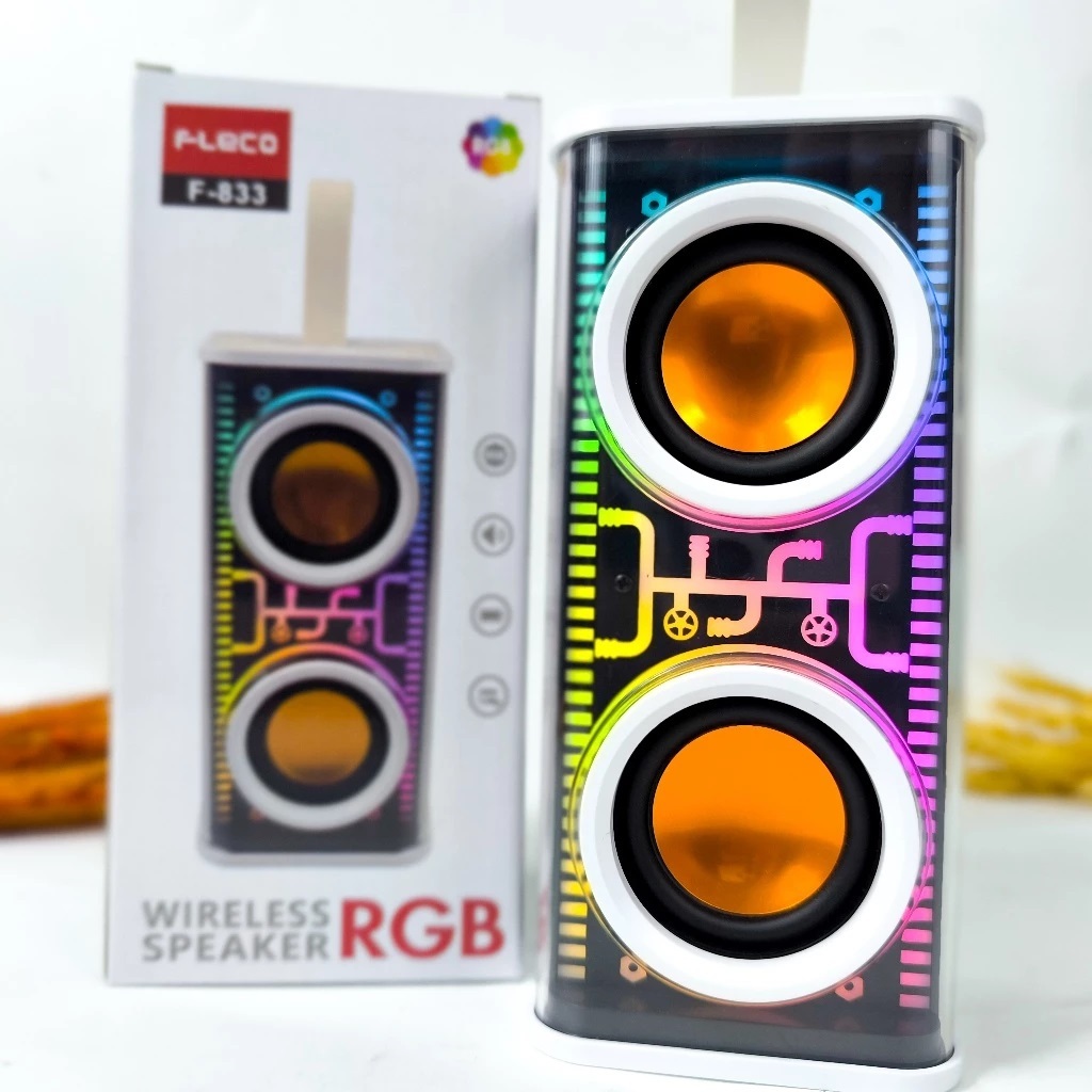 Speaker Wireless LED RGB Portable Fleco F-833 Super Bass BT FM AUX Bluetooth Desain Lampu Menarik