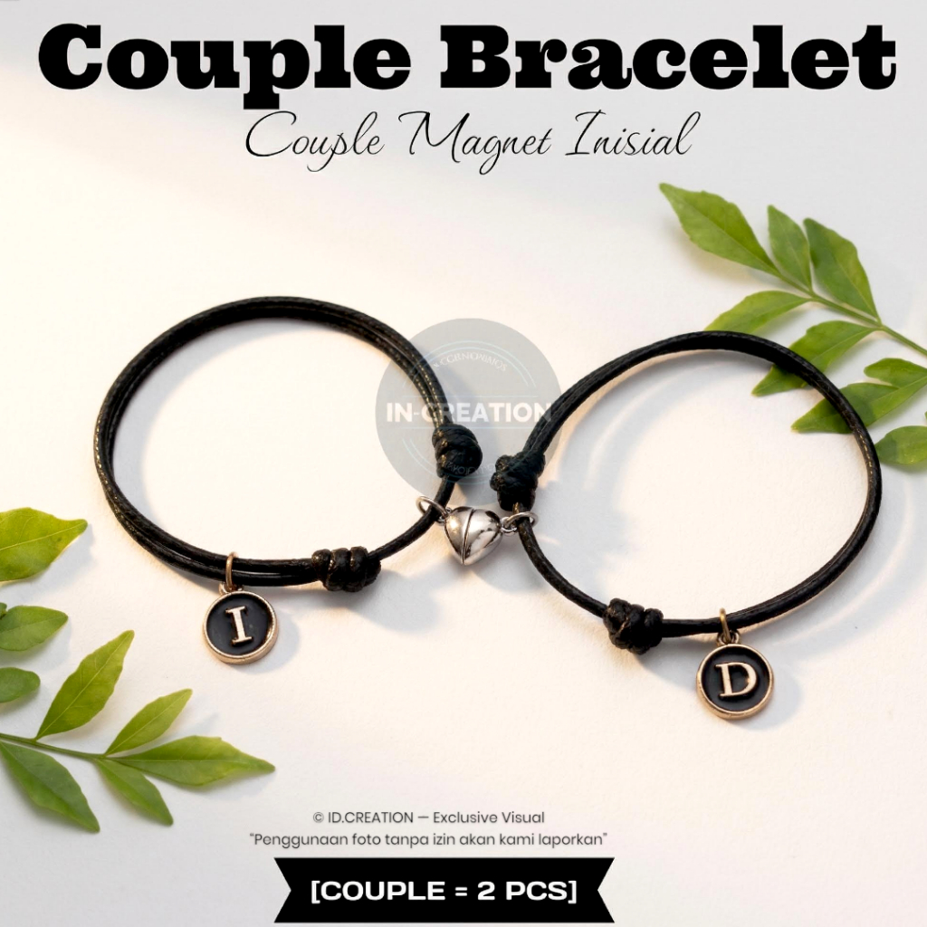 Gelang Couple Magnet Love Inisial Charm Enamel Epoxy - Tali Korea 2mm (2 Pcs)