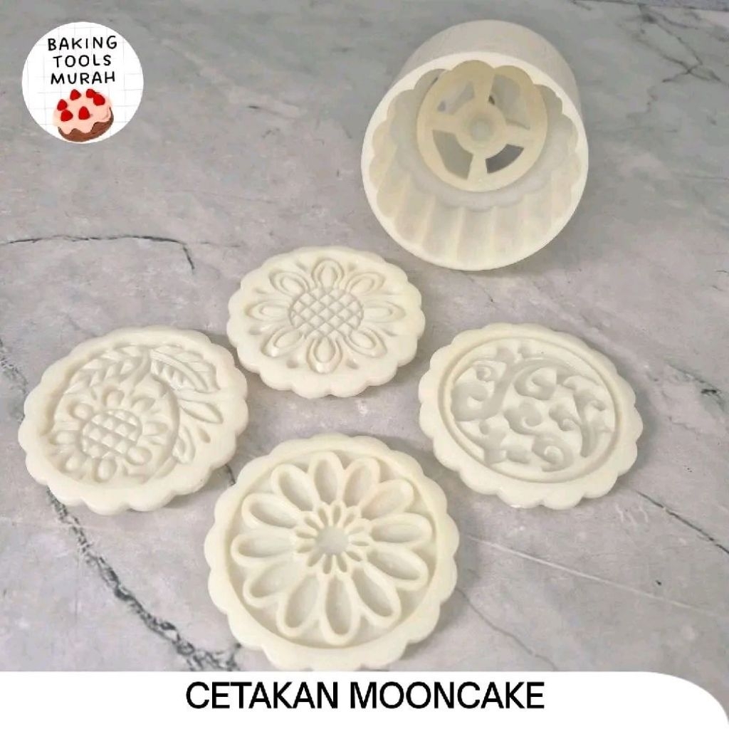 CETAKAN MOONCAKE kue bulan plunger mould ukuran 100gr set 4 bulat plastik premium