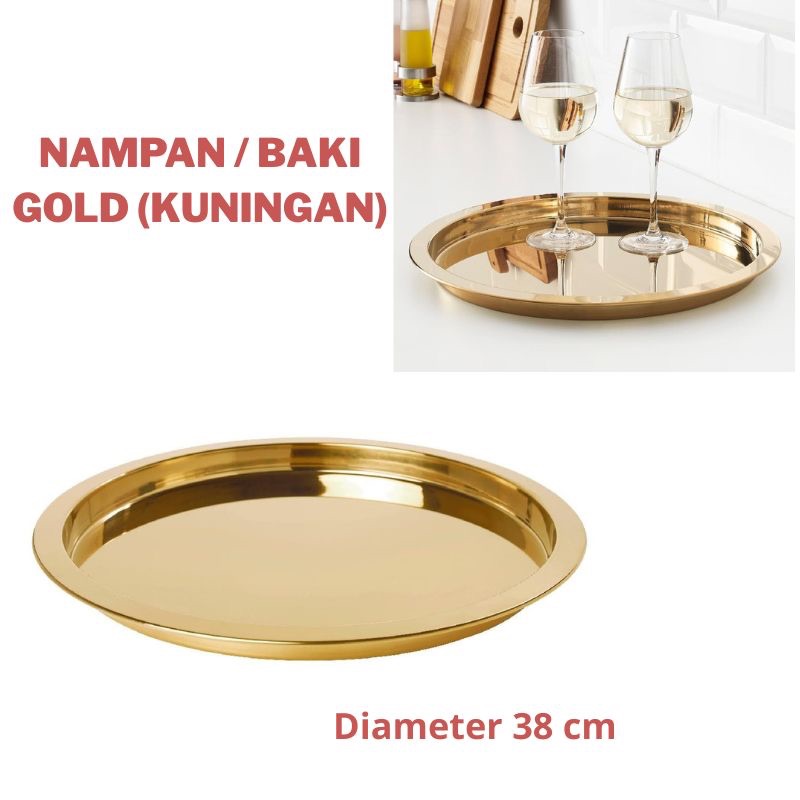 Nampan Baki Stainless Baja Tahan Karat Kuningan Gold Bulat 38 cm
