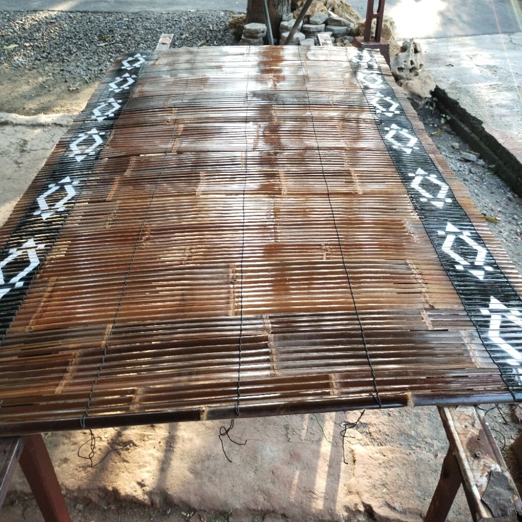 Tirai bambu motif Bali  paket 3 lembar lengkap katrol gulungan