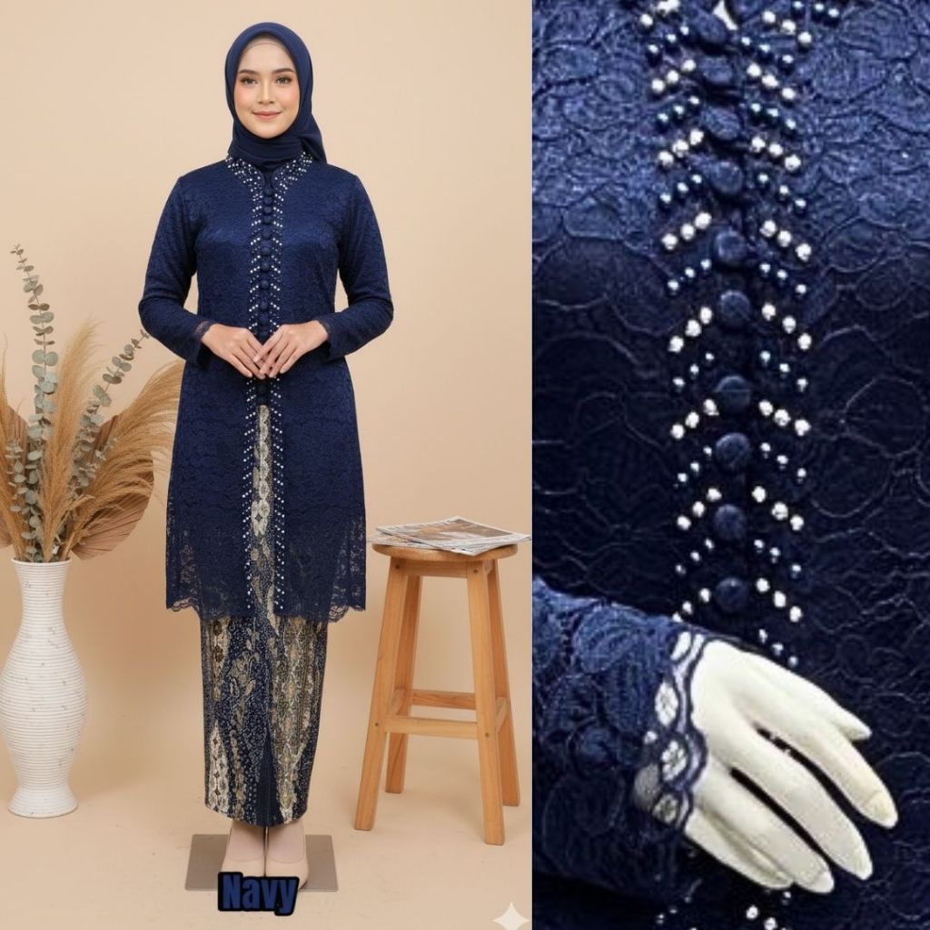 Set Kebaya Kancing Seribu Payet / Setelan Kebaya Tunik Brokat Kancing Seribu Payet