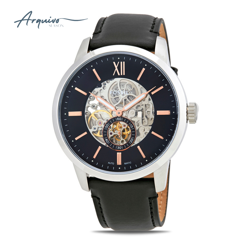 Jam Tangan Fossil Pria Townsman Automatic Kulit Black Casual Original ME3153