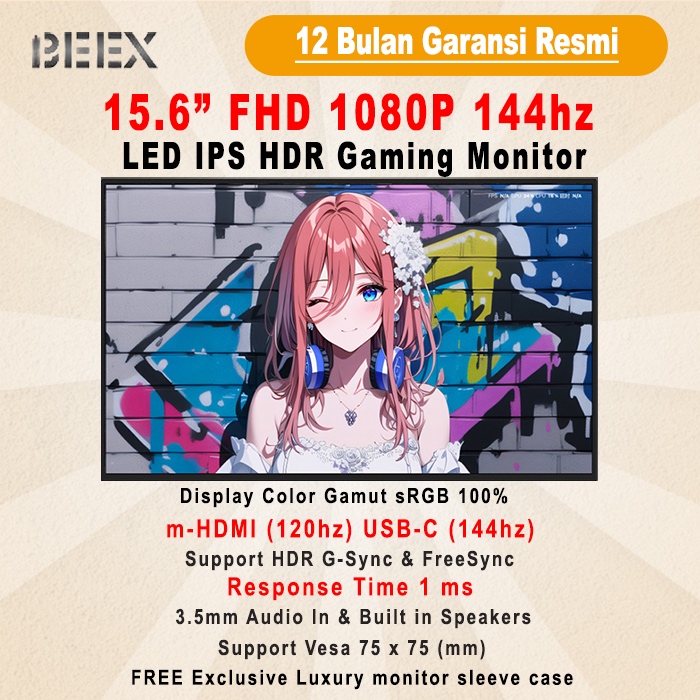 Portable Monitor BeeX 15.6" Premium Gaming 1080P 144Hz Portable Monitor HDMI USB C