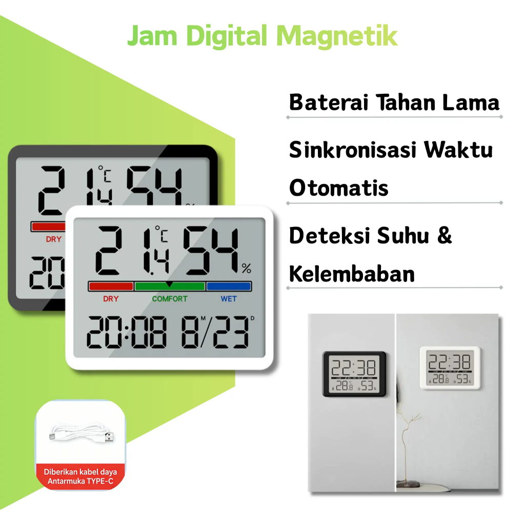 Jam Digital Magnetik Dinding Rumah - Kalender Abadi Multifungsi, Thermometer & Hygrometer, Jam Gantu