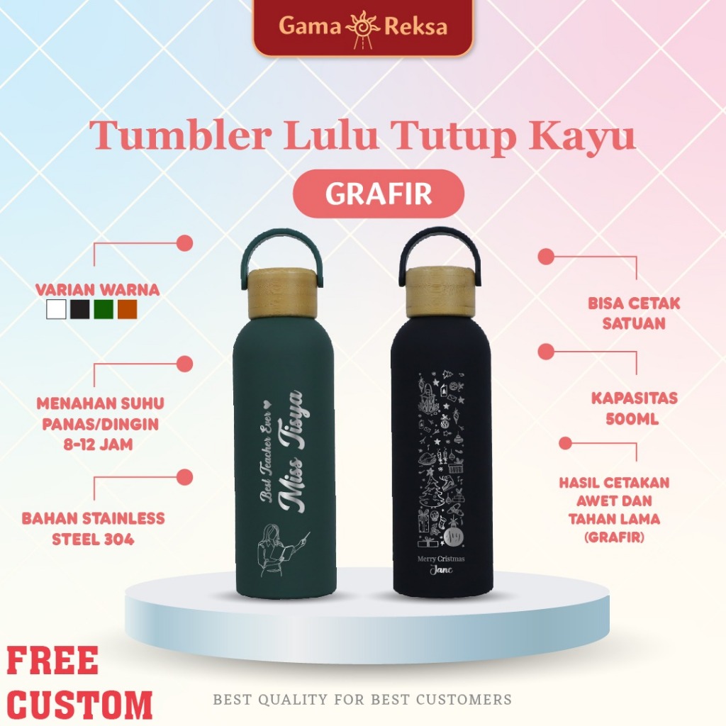 Custom Tumbler Lulu Tutup Kayu 500ml Laser Grafir / Sovenir Tumbler Custom Nama