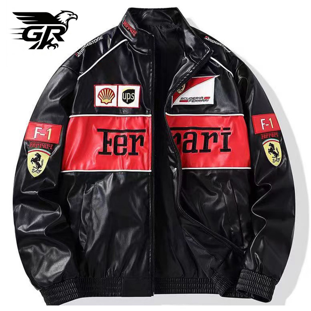 GR F1 Jaket Kulit Ferrari Pria Bordir Premium,Coat Long Sleeve Vintage Racing Loose With Zipper Wind