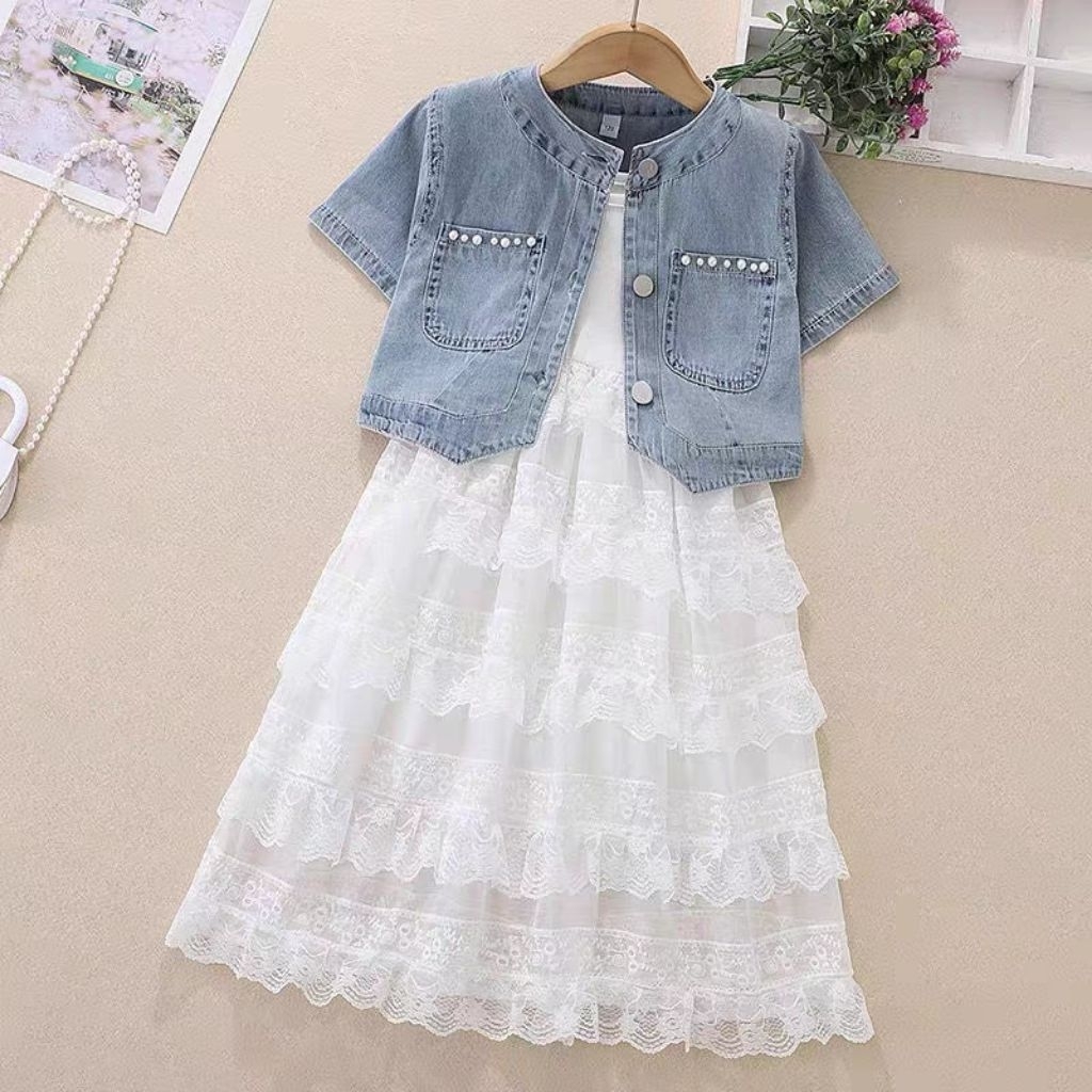 SZ160 DRESS ANAK PUTIH + CARDIGAN. DRESS PUTIH ANAK + CARDIGAN JEANS. DRESS CARDIGAN JEANS. DRESS PU