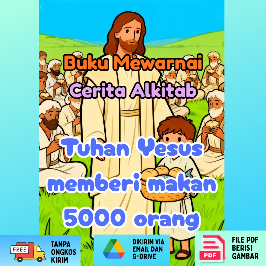 Produk Digital Buku Mewarnai untuk Anak Sekolah Minggu - Cerita Alkitab Tuhan Yesus memberi makan 50