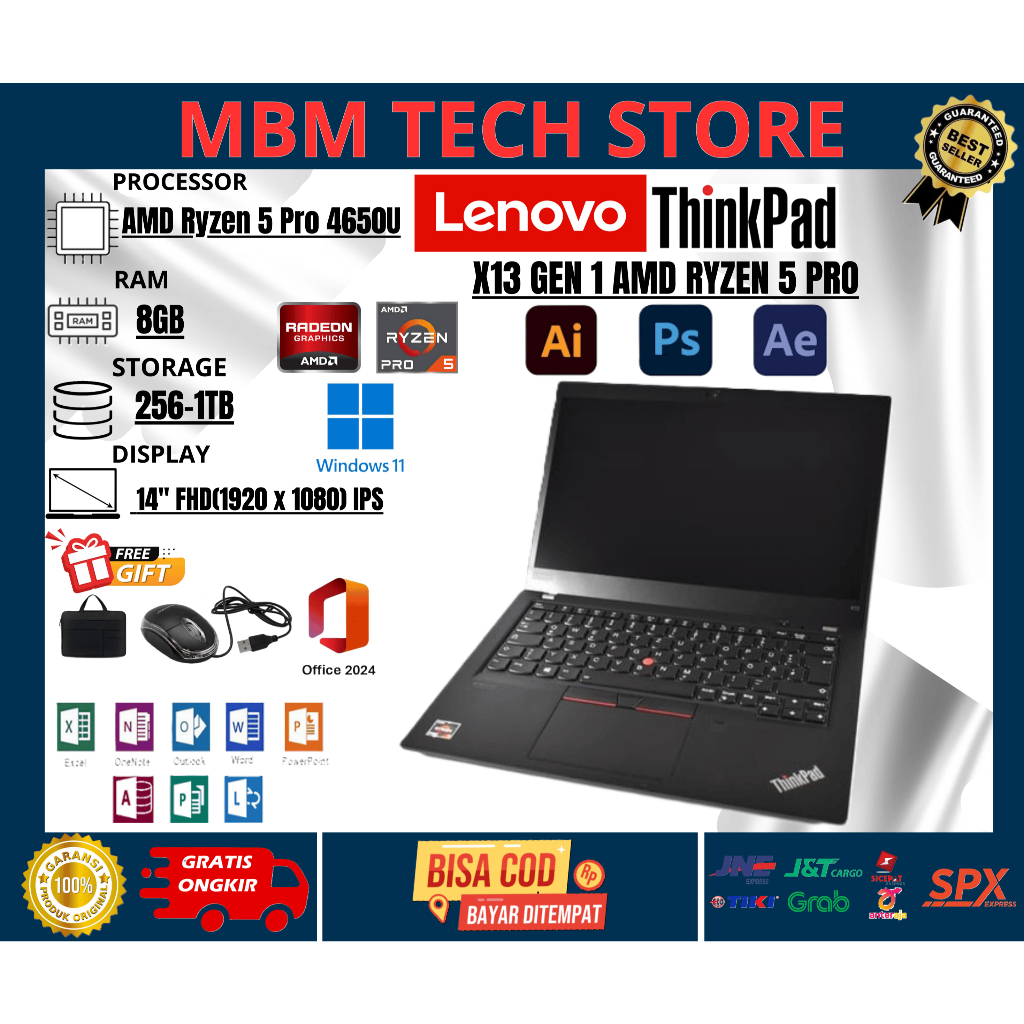 LAPTOP LENOVO THINKPAD X13 GEN 1 AMD RYZEN 5 PRO 8GB/1TB SSD TOUCHSCREEN WINDOWS 11 FREE MOUSE & TAS