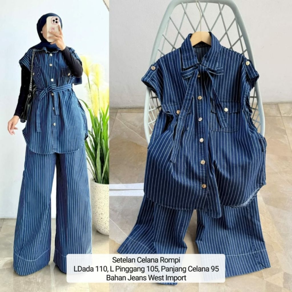SETELAN CELANA DAN ROMPI DENIM GARIS GARIS FIT TO XL/ DIANA SET KEKINIAN CANTIK BANGET
