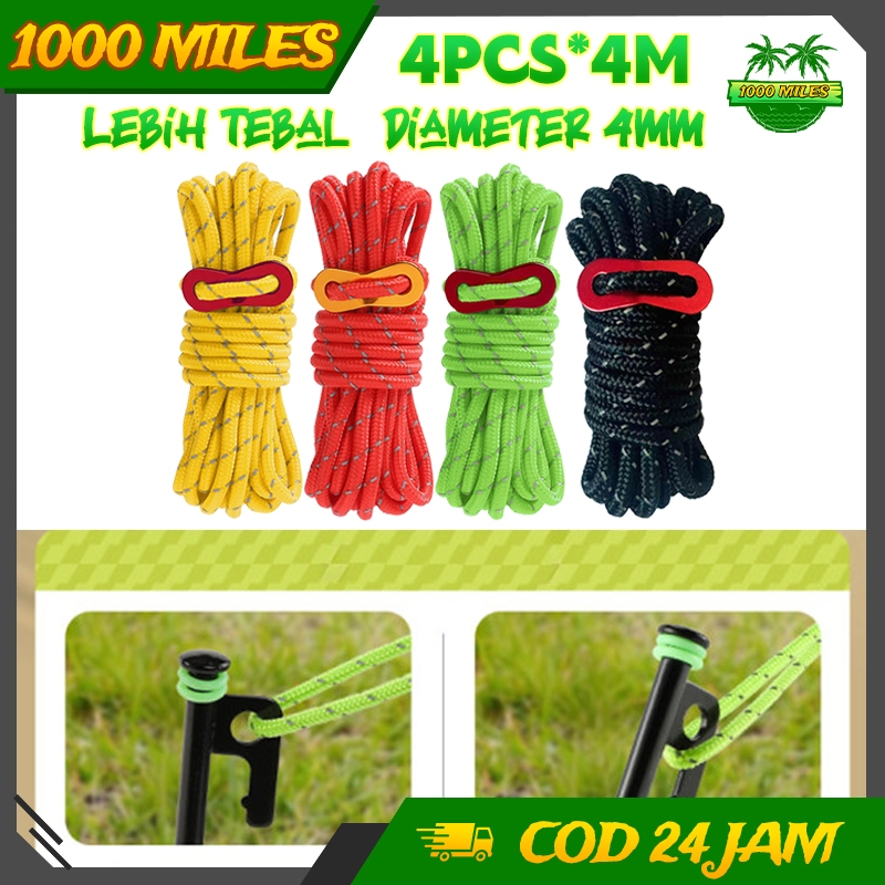 4pcs×4m Tali Tenda Camping Reflektif 4mm Adjustable Tali Pengikat Tenda Kuat Tinggi Mudah Dibawa