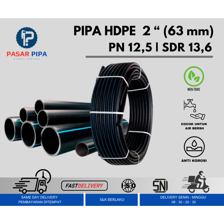 Pipa HDPE 2 inch PN 12,5  Selang HDPE Hitam per Roll 100 Meter