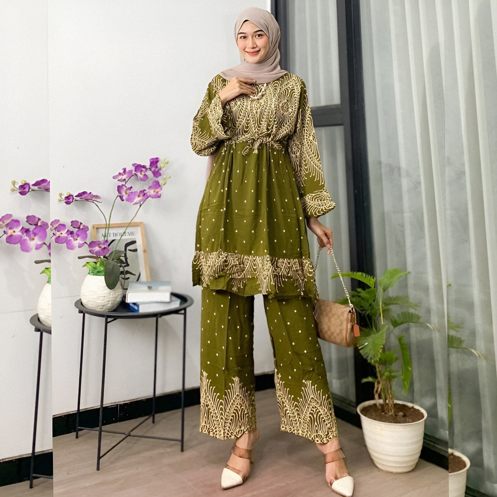 Setelan One Set Tunik Tunic Baju Atasan Wanita Muslimah Remaja Dewasa Lengan Panjang Lebaran Hari Ra