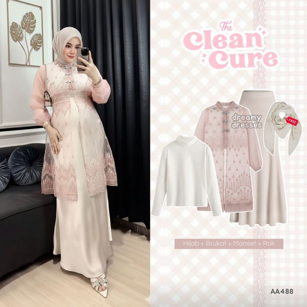 dreamy - One Set Wanita Kekinian OOTD Lebaran Terbaru (Manset + Tunik Brokat + Rok Duyung) Outfit Re