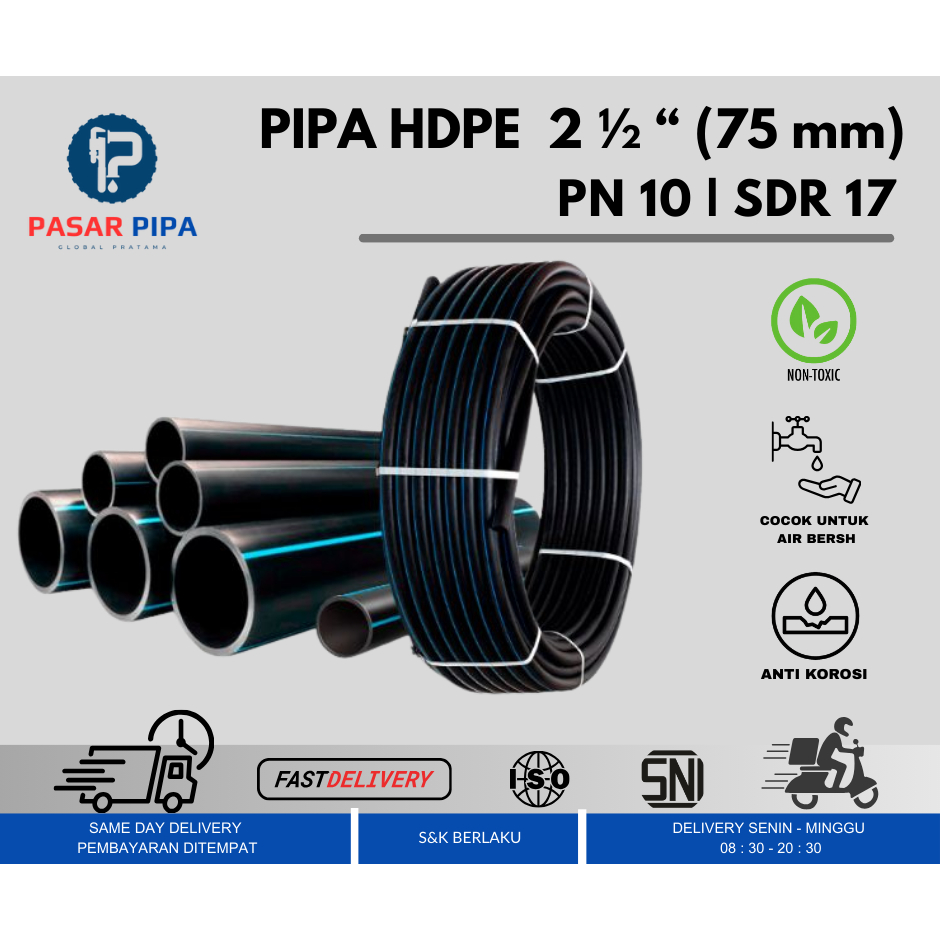 Pipa HDPE   2 -1/2" inch PN 10  Selang HDPE Hitam per Roll 100 Meter