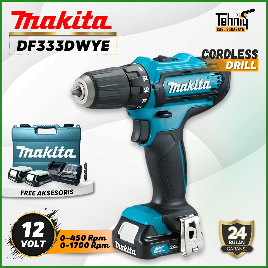 Makita Df333Dwye Cordless Driver Drill 12 Volt Mesin Bor Baterai