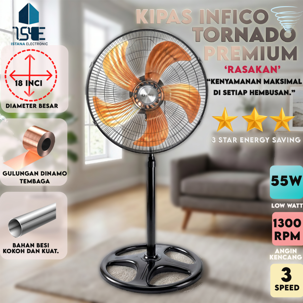 Kipas Angin 3 IN 1 INFICO Tornado 18 Inci | Angin Super Kencang 1300 RPM | Motor Tembaga Asli | Hema