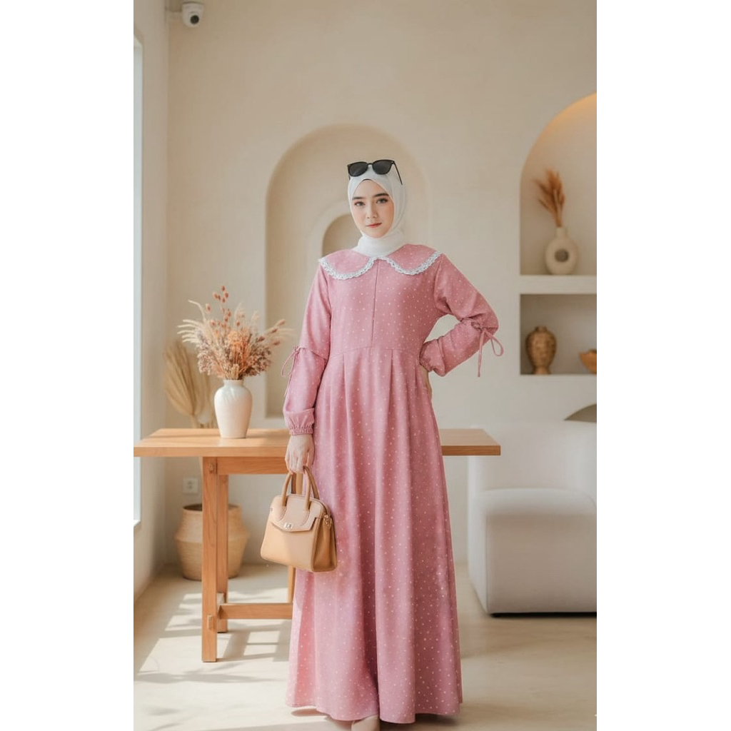 promo murah kekinian remaja Gamis Polka Renda by Amelia Fashion Syakila Elegan Busui & Wudhu Friendl