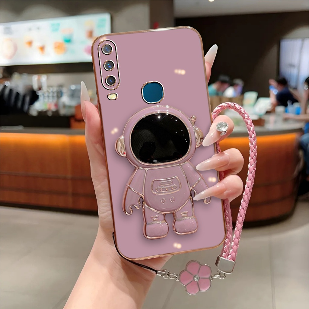 Soft Case Vivo Y12 Y15 Y17 Luxury Plating Astronot Holder Free Tali Bunga Lanyard Premium