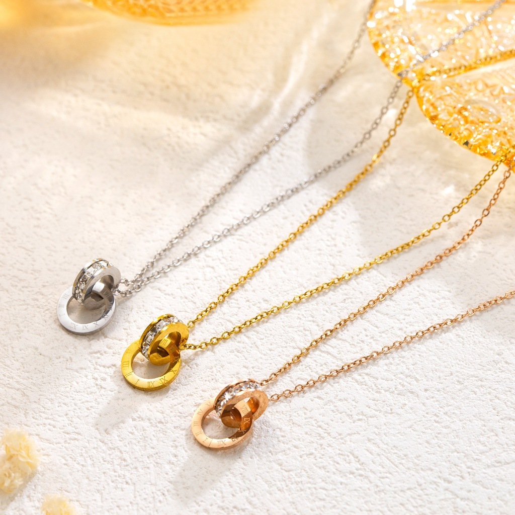 Kalung Titanium Liontin Model Ring Dan Romawi - Kalung Wanita Liontin Korean Style