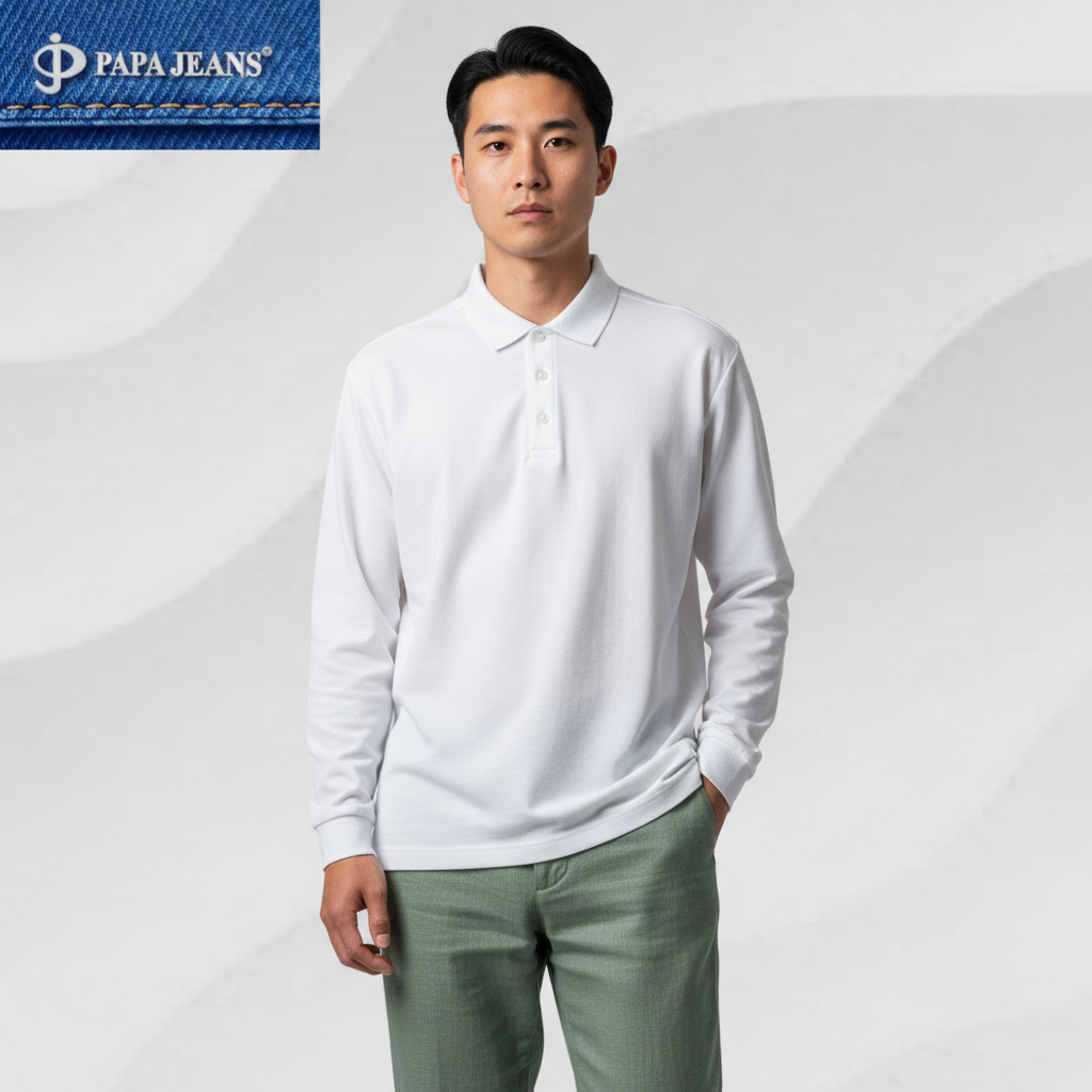 Papa Jeans Kaos Kerah Polo Shirt Lengan Panjang Putih