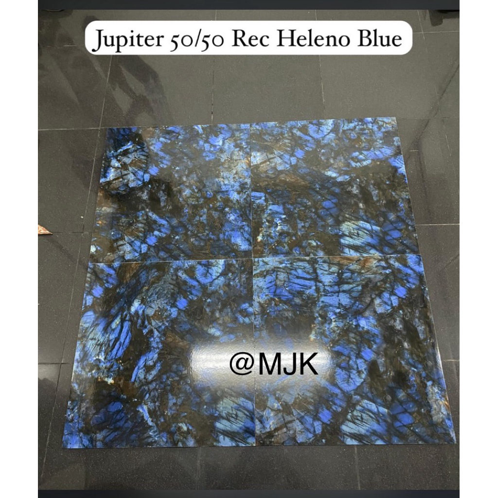 Keramik 50x50 JUPITER Cutting Heleno Blue Motif Hitam Biru Corak Marmer