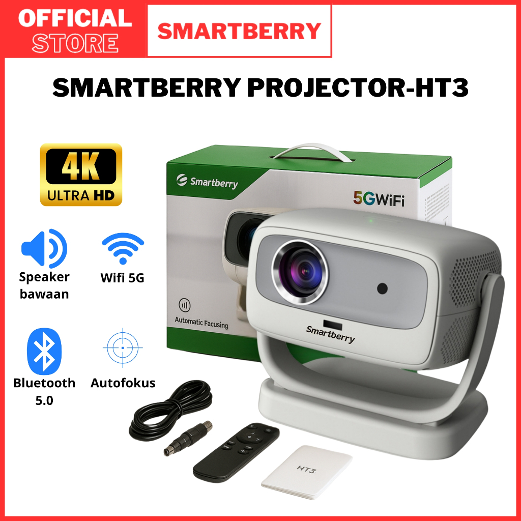 Smartberry HT3 Proyektor WiFi Portable – Layar Jumbo 200”, HDMI, Cocok untuk Nonton, Gaming & Presen