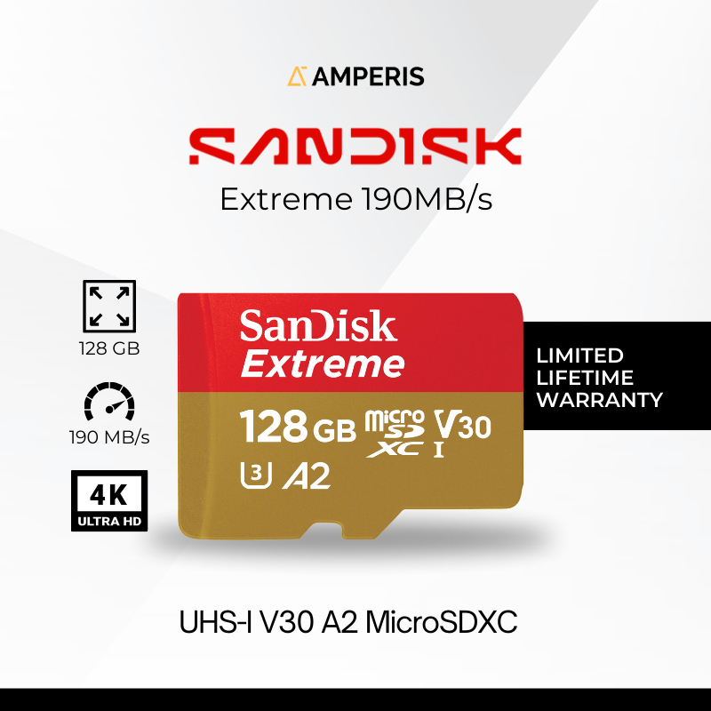SANDISK Extreme MicroSDXC 128GB 190MB/s 4K UHS-1 C10 U3 V30 A2 Memory Card for Smartphone CCTV Drone
