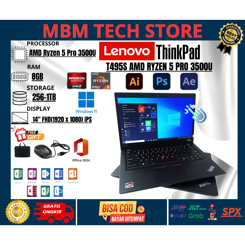 LAPTOP GAMING SLIM T495S RYZEN 5 TOUCHSCREEN 8GB/1TB SSD WINDOWS 11 FREE MOUSE & TAS