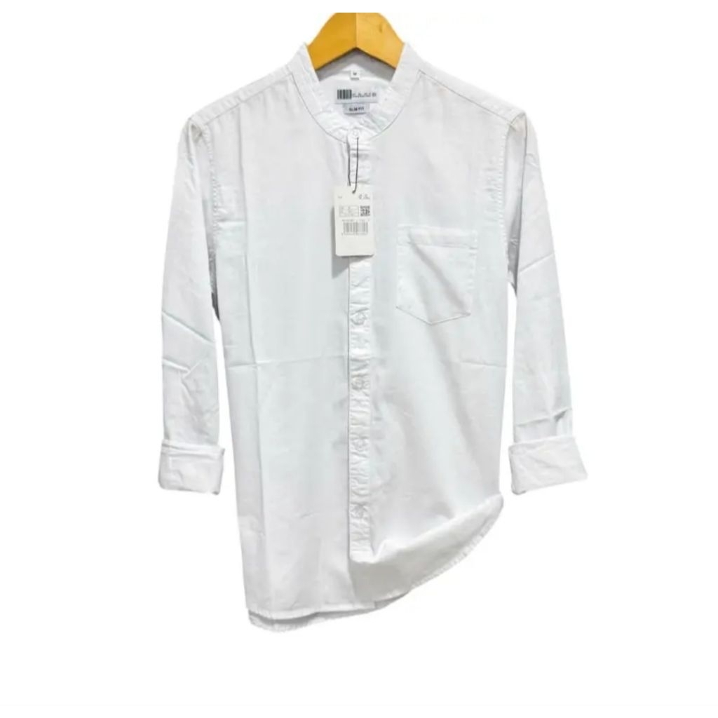 Kemeja kerah Shanghai kemeja pria lengan panjang kerah Shanghai model Slim fit