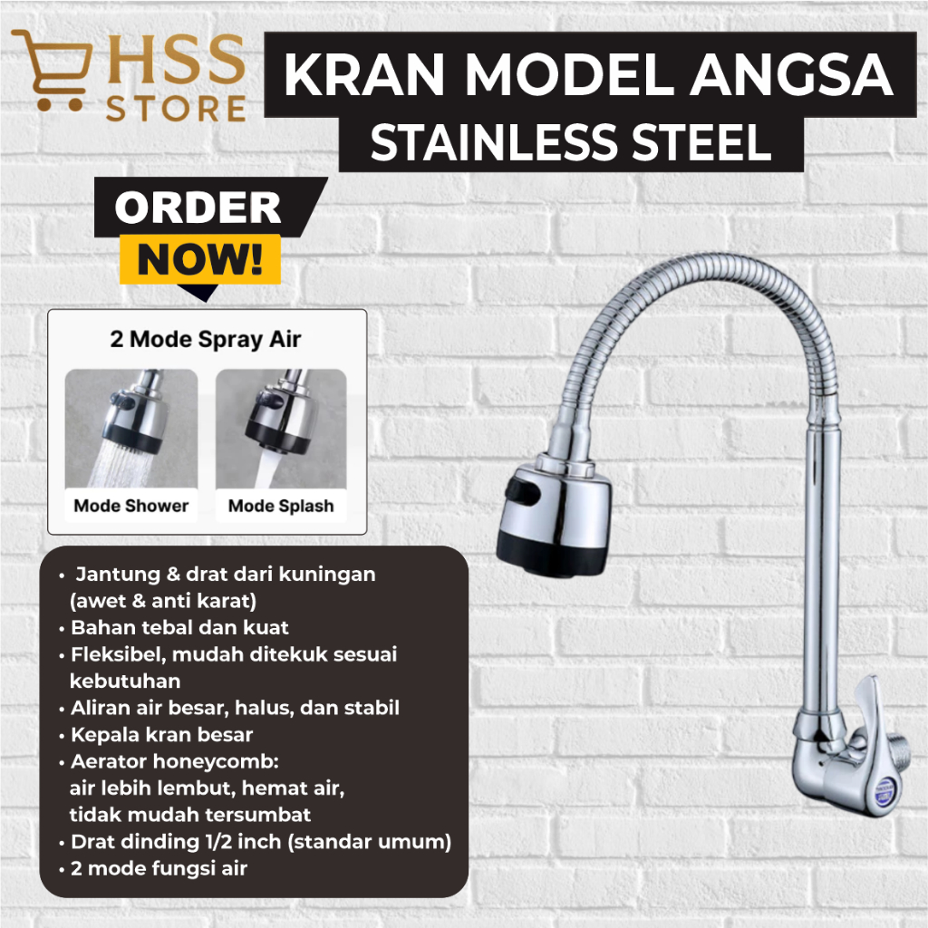 Kran Tembok Angsa Fleksibel Stainless Steel 2 Mode Semprot / Kran Air Dapur Angsa Stainless Fleksibe