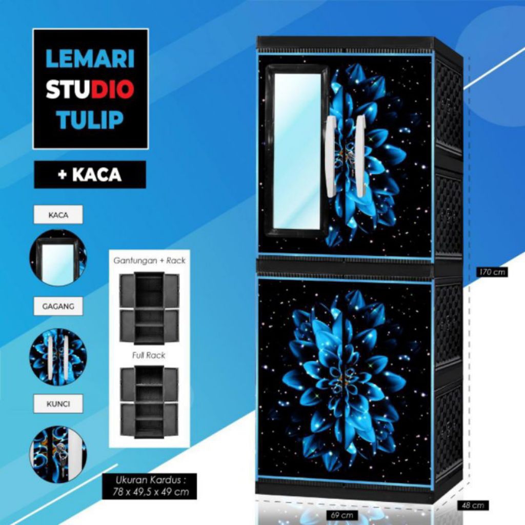 LEMARI STUDIO KARAKTER GANTUNGAN +KACA + FULL RAK / LEMARI PAKAIAN PLASTIK SERBAGUNA