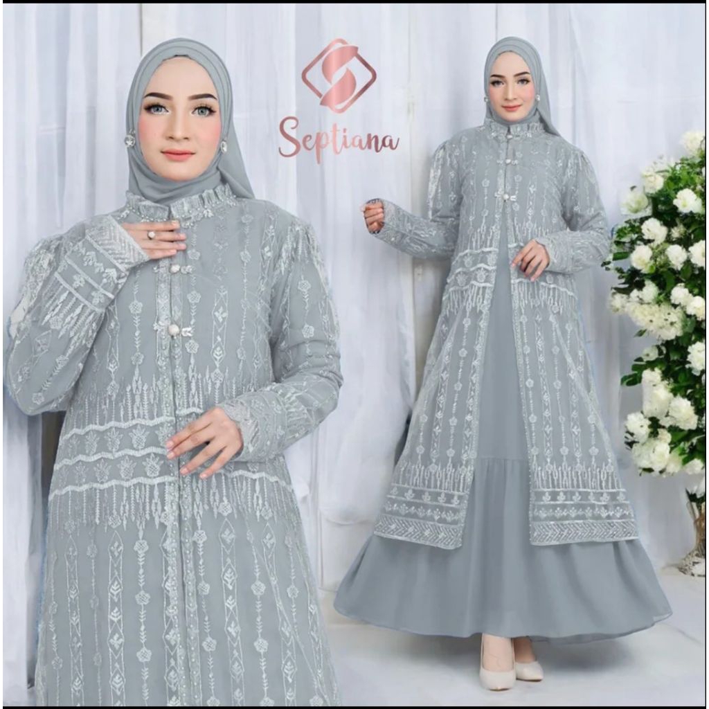 gamis set brukat abu-abu