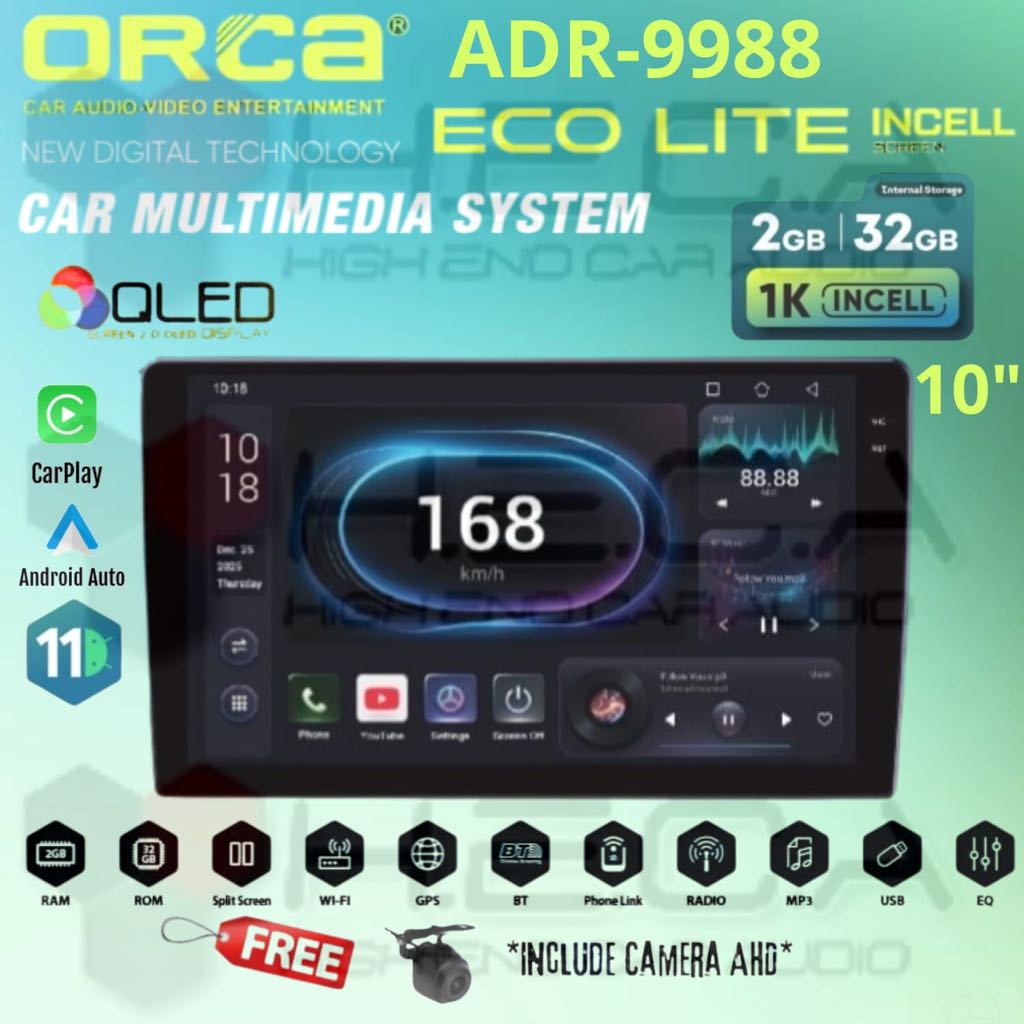 ORCA Eco Lite Incell Series 2/32 GB 10" Inch Android ADR-9988 Head Unit 1K Tape TV Mobil + Camera AH