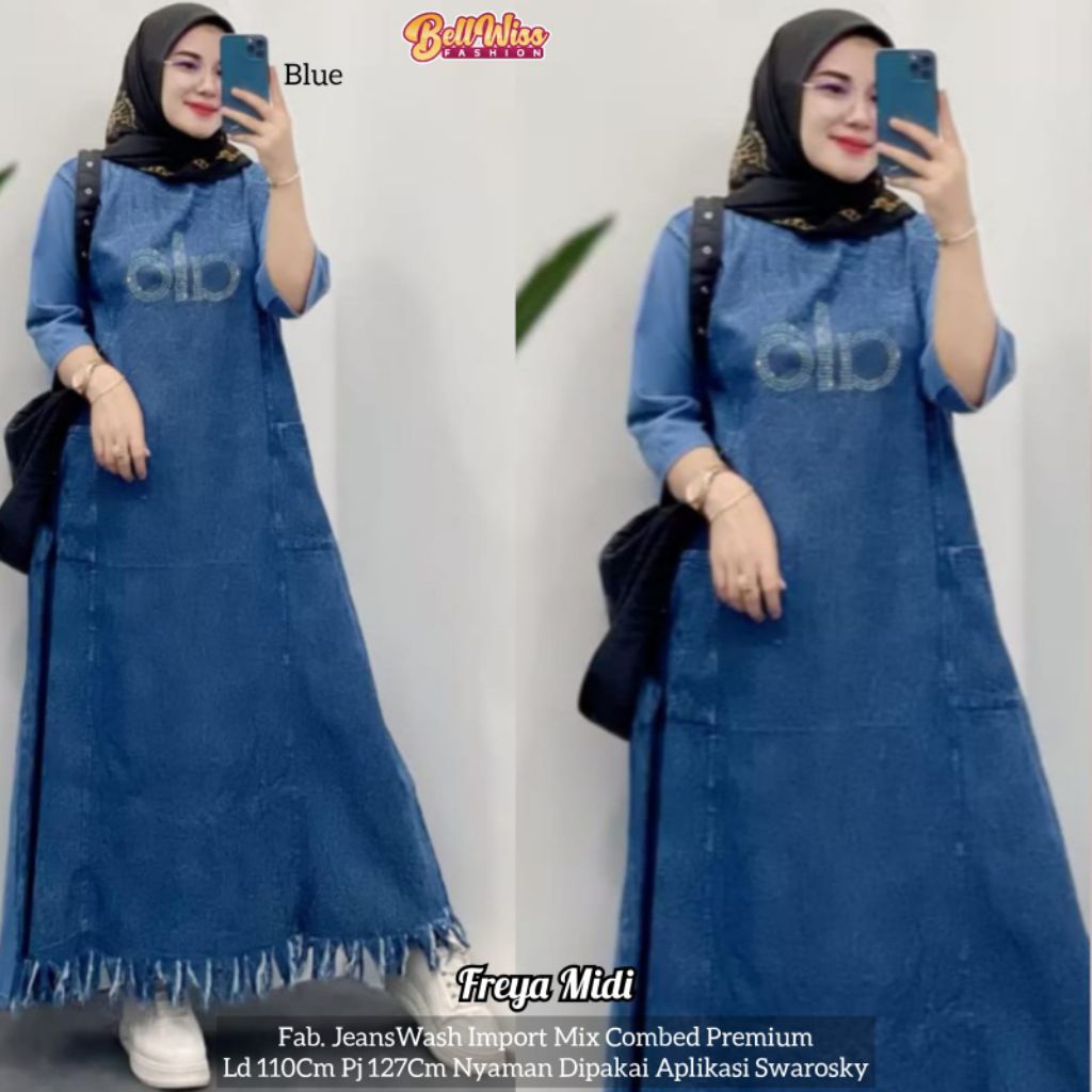 Freya Midi Dress Jeans Wash Import Mix Combed Premium Aplikasi Swarovski LD 110 - Gamis Jeans Wanita