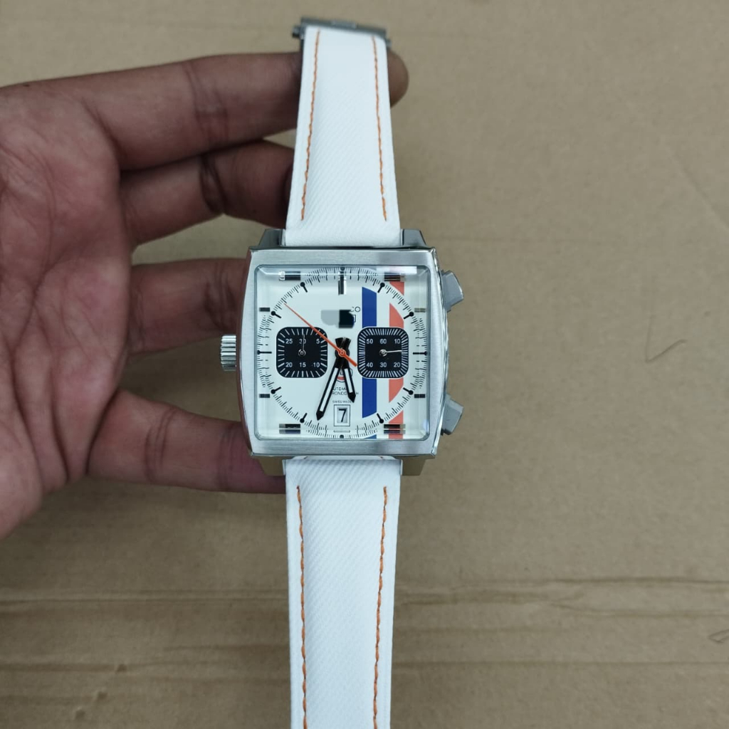 jam tangan pria model kotak Monaco Chronograph x Gulf 39MM body swiss quartz best quality