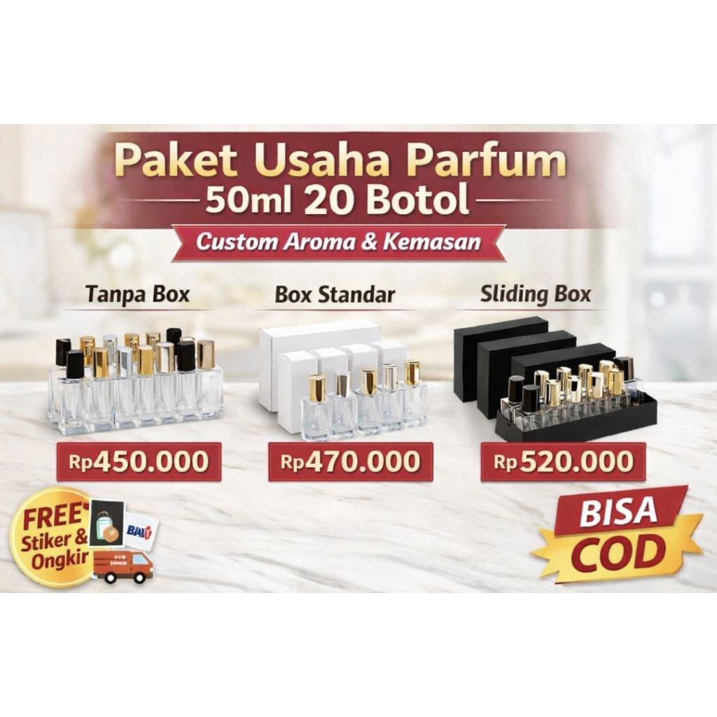 Paket Usaha Parfum 50ml 20 Botol | Maklon Parfum Brand Sendiri | Custom Aroma & Kemasan