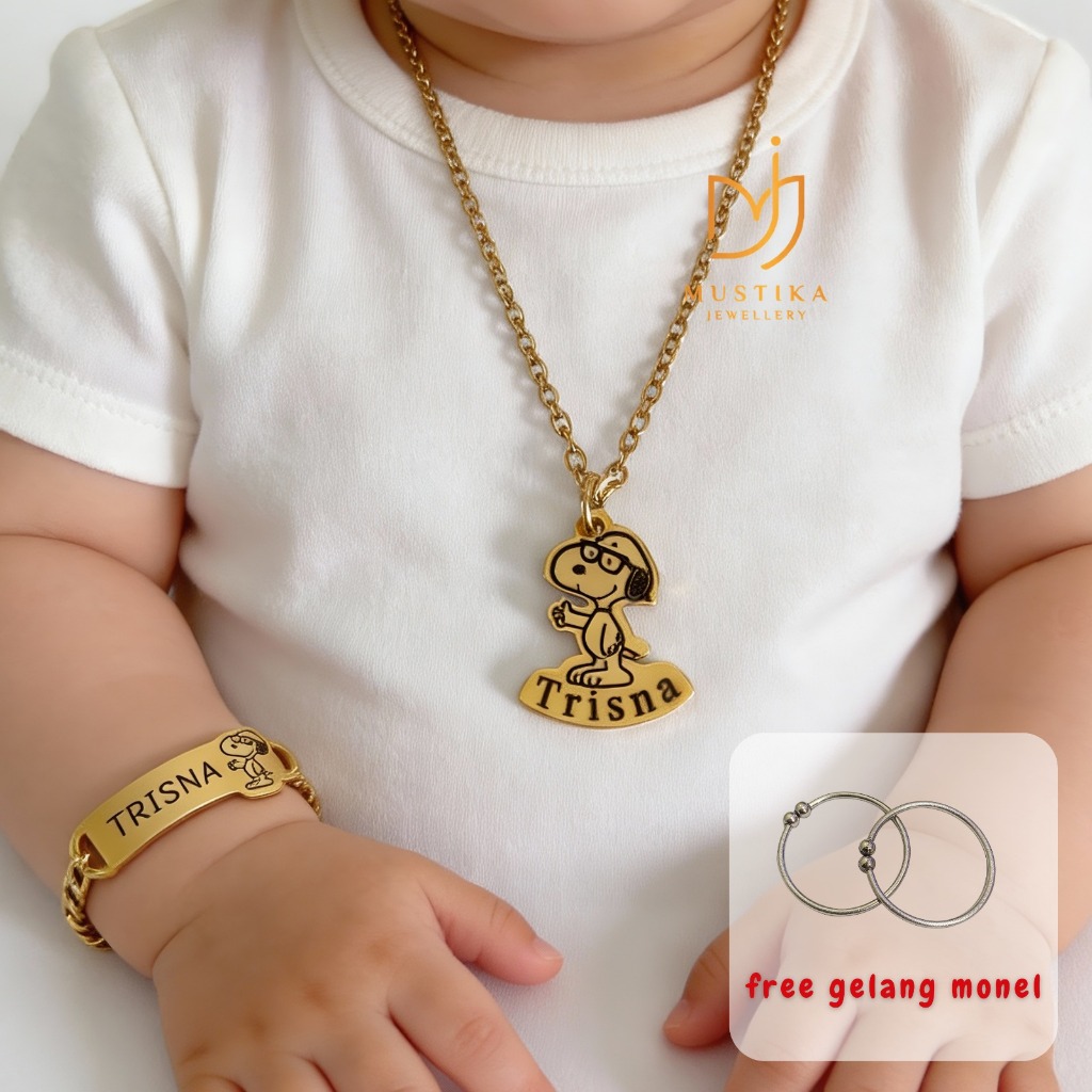 Set Kalung & Gelang Nama Size Bayi Sampai Dewasa Eksklusif Motif Snoopy Free Sepasang Gelang Monel