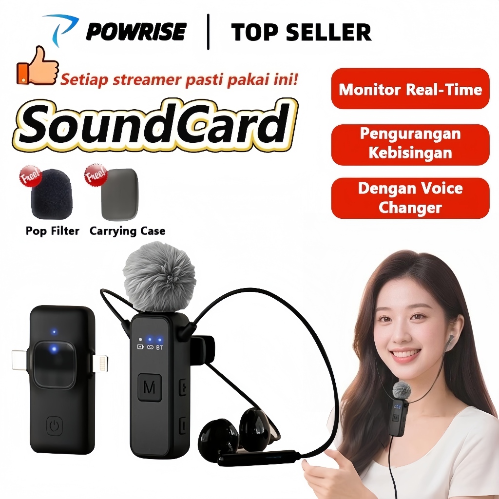 POWRISE K3 Wireless Soundcard Headset BT 2 in 1 Mikrofon klip Nirkabel Sound Card Earphones Live Bro
