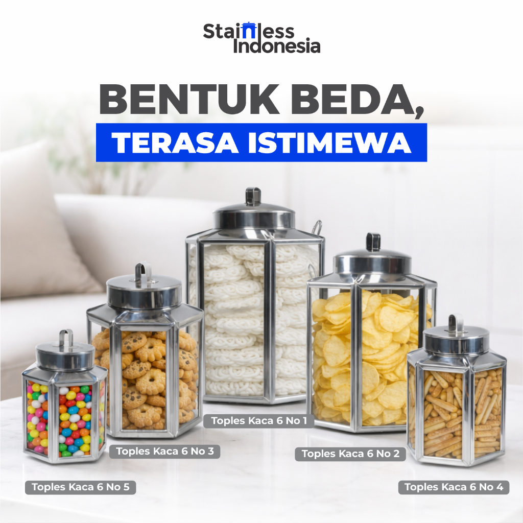 Toples Lebaran Segi Enam Mini Kaca Stainless Kapasitas 2 Liter Bentuk Unik, Aman untuk Makanan, dan 