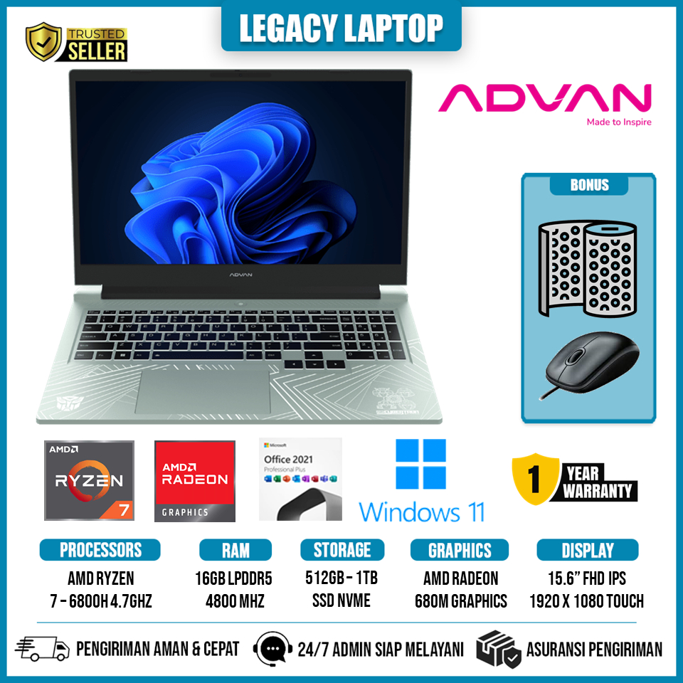 ADVAN Laptop Gaming Pixwar Amd Ryzen 7 6800H Ram 32GB 1TB SSD 15 FHD IPS Touch Backlite WIndows 11